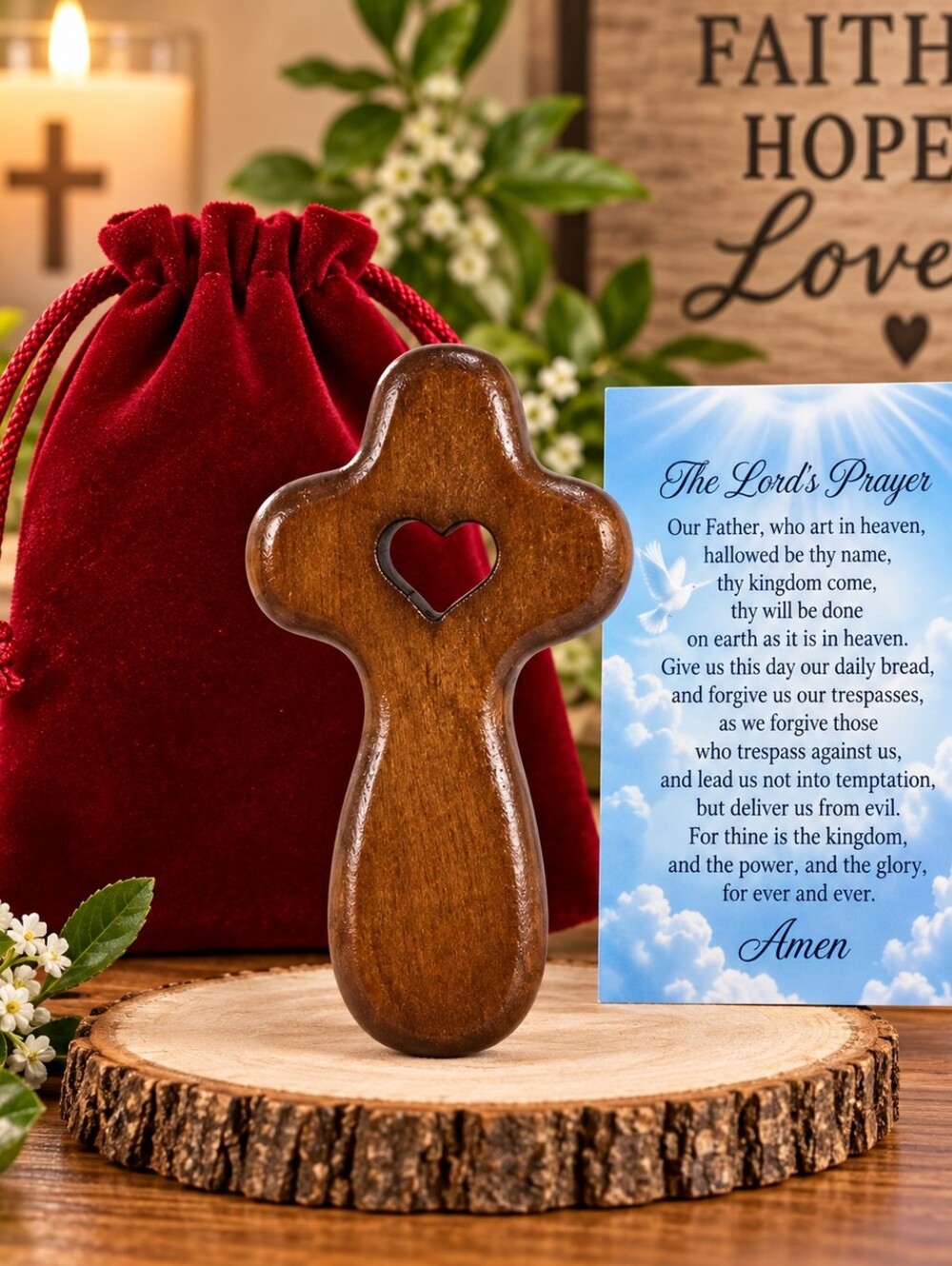 Wooden Prayer Pocket Cross with Heart Cutout NEW